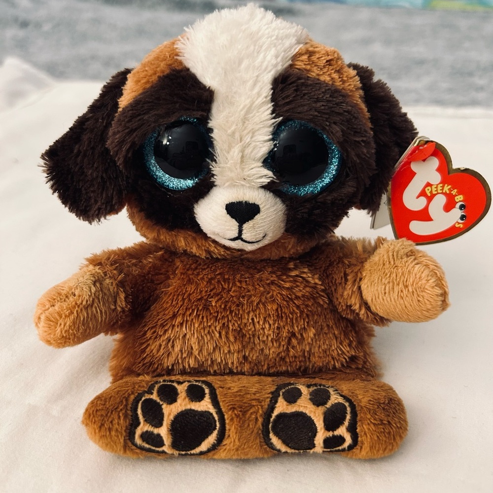 TY Peek A Boos Pups Phone Holder Beanie Boo New Plush Dog Brown